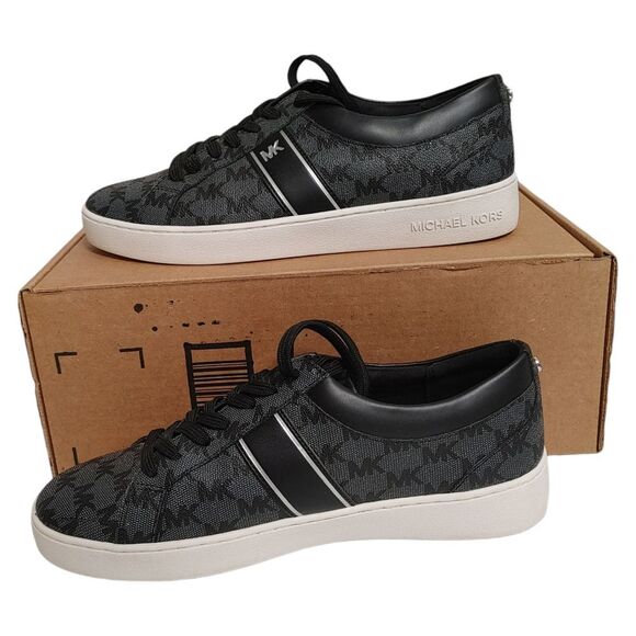 Michael Kors Juno Stripe Logo Print Lace Up Sneakers Black Grey 9.5 - Picture 2 of 7